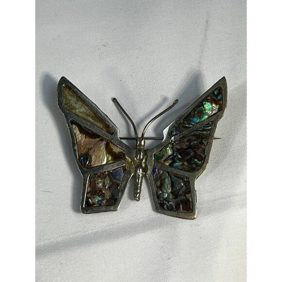 Vintage Mexican Silver Butterfly Brooch Abalone Shell Inlay Stained Glass Look - Picture 8 of 16